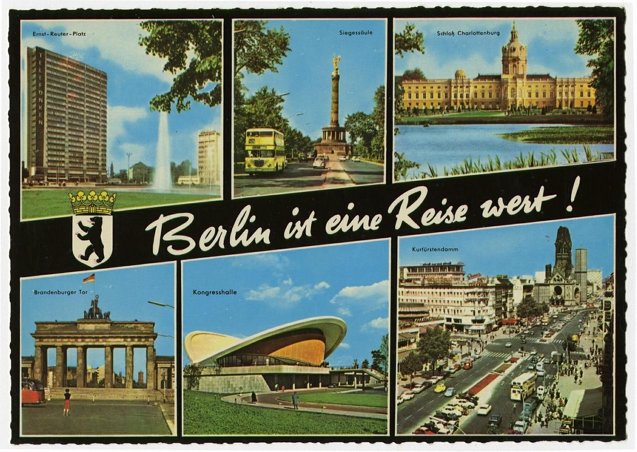 Postal de Berlín de la República Federal de Alemaina, con fecha de 1970, la Alemania Occidental, en la que se muestra el muro de Berlín, en la parte inferior izquierda. © Museum für Kommunikation Berlin.