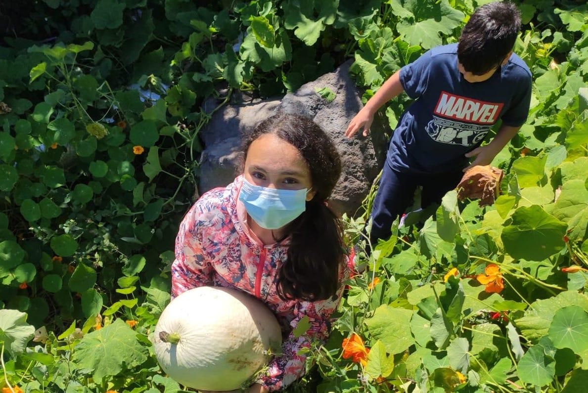 Niños con productos locales.
