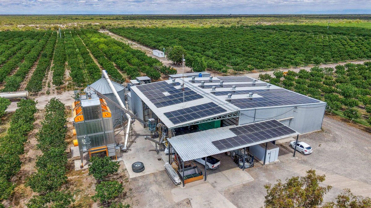 Vista aérea de los paneles solares instalados en el techo del edificio principal de Pistachos de los Andes. Según el propietario, la empresa trabaja en una economía circular, no genera residuos y utiliza energía solar.