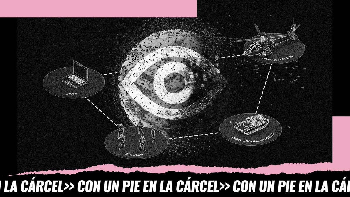 Montaje: el icono de un ojo sobre recursos audiovisuales de la web oficial de Palantir