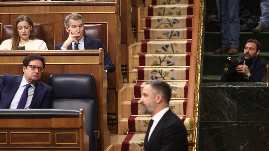 Santiago Abascal y Alberto Núñez Feijóo, este miércoles durante el pleno del Congreso de los Diputados.