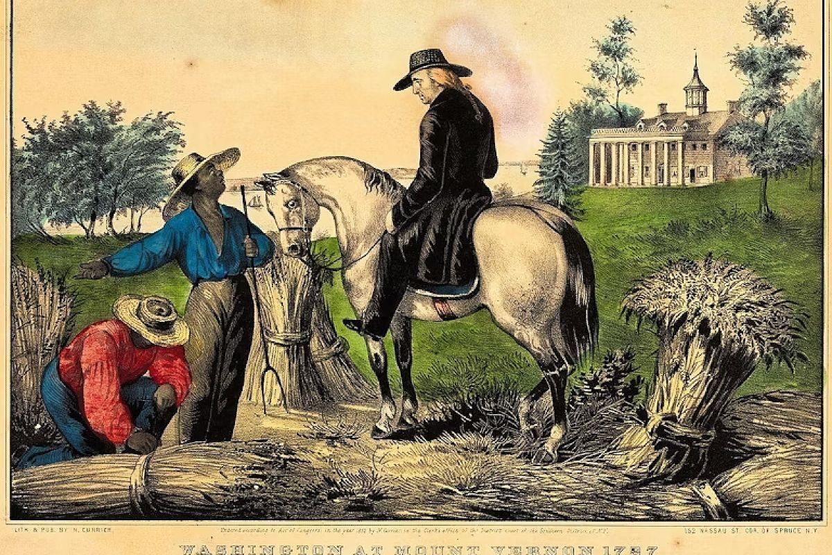 Un grabado de George Washington en Mount Vernon con sus esclavos.