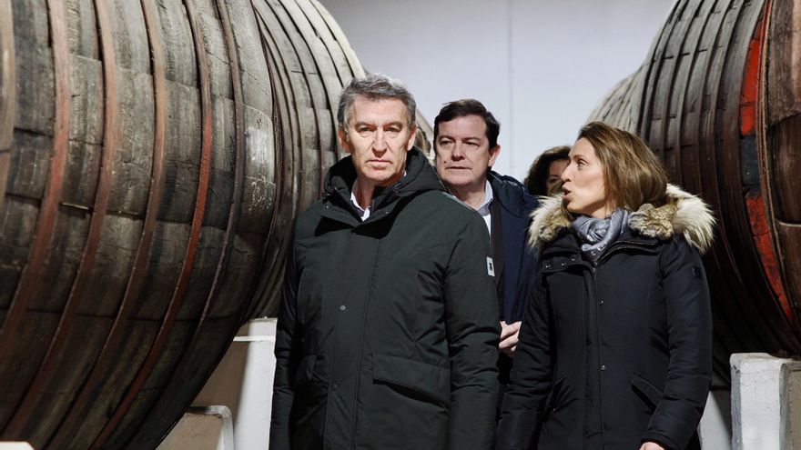El presidente del Partido Popular, Alberto Núñez Feijóo, y el presidente de la Junta de Castilla y León y del PP regional, Alfonso Mañueco, visitan las Bodegas Hijos de Alberto Gutierrez, en Serrada (Valladolid).