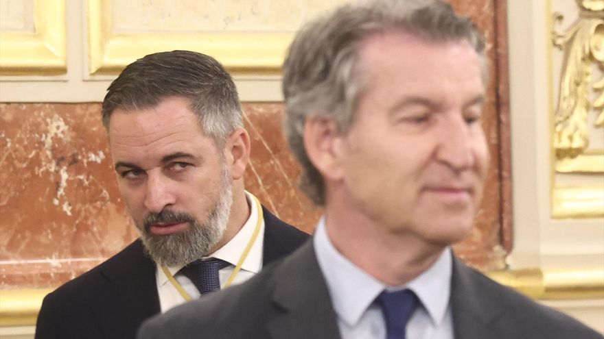 El presidente de Vox, Santiago Abascal (i), y el presidente del PP, Alberto Núñez Feijóo (d), durante la visita del Papa León XIV al Congreso de los Diputados, a 8 de junio de 2026, en Madrid (España). Eduardo Parra / Europa Press