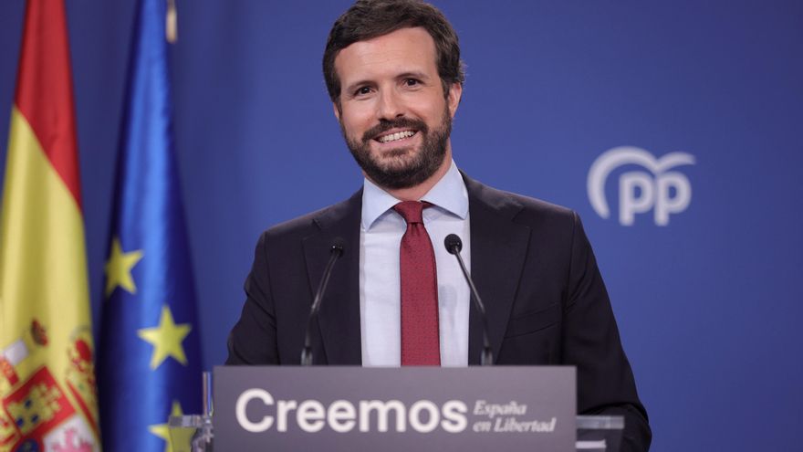El presidente del PP, Pablo Casado, ofrece una rueda de prensa en la sede del partido, a 29 de julio de 2021,