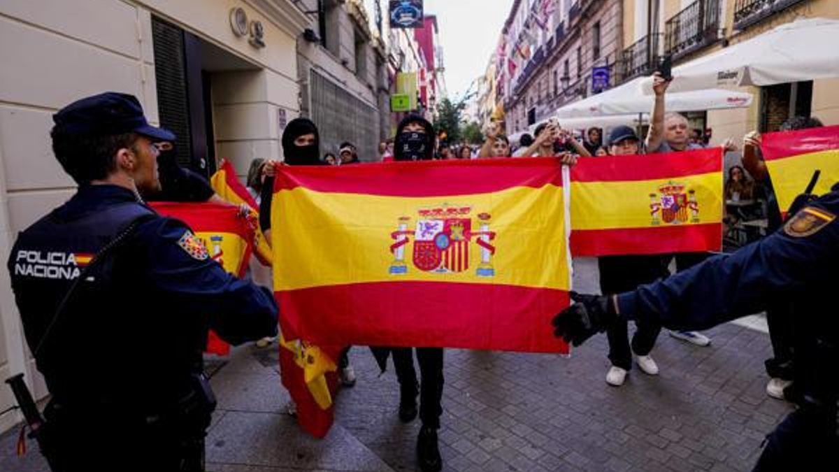 La bandera española es un símbolo. En la imagen, jóvenes de ultraderecha intentan reventar la acampada de Sol / FOTO: EFE, Borja Sánchez-Trillo.