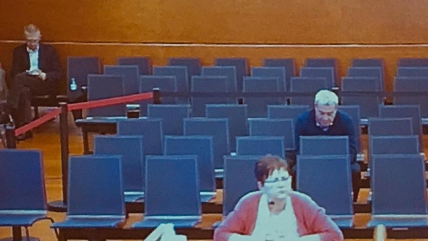 Mari Carmen Liñares y Javier Carro (al fondo), durante su comparecencia en el juicio