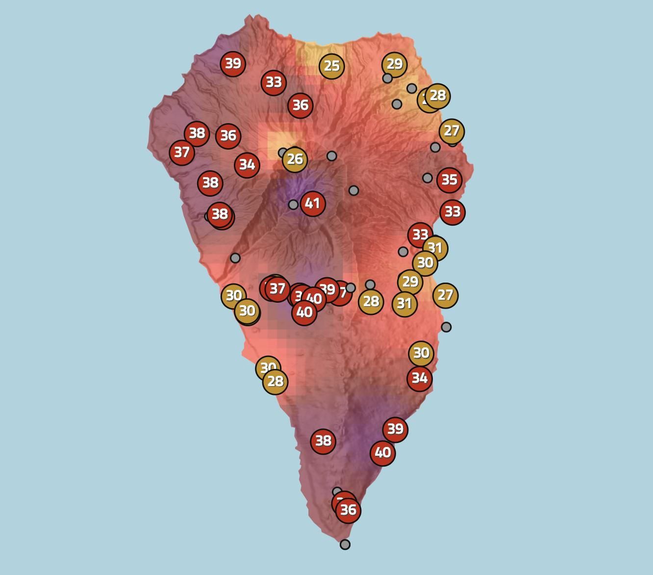 Mapa de Apalmet con la temperatura que se registraba en diferentes zonas de La Palma a las 15.45 horas de este jueves, 13 de julio.