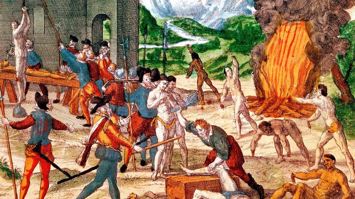 Conquistadores españoles torturando a los indigenes