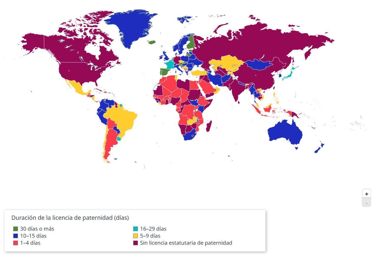 A nivel global, las madres cuentan en promedio con 24,7 semanas pagas, entre 5 y 6 meses, y los padres con 2,2, unos quince días. 