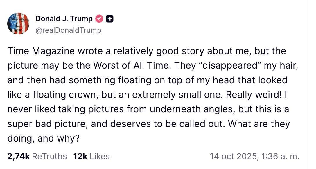 Truth Social de Trump sobre la portada de Time.