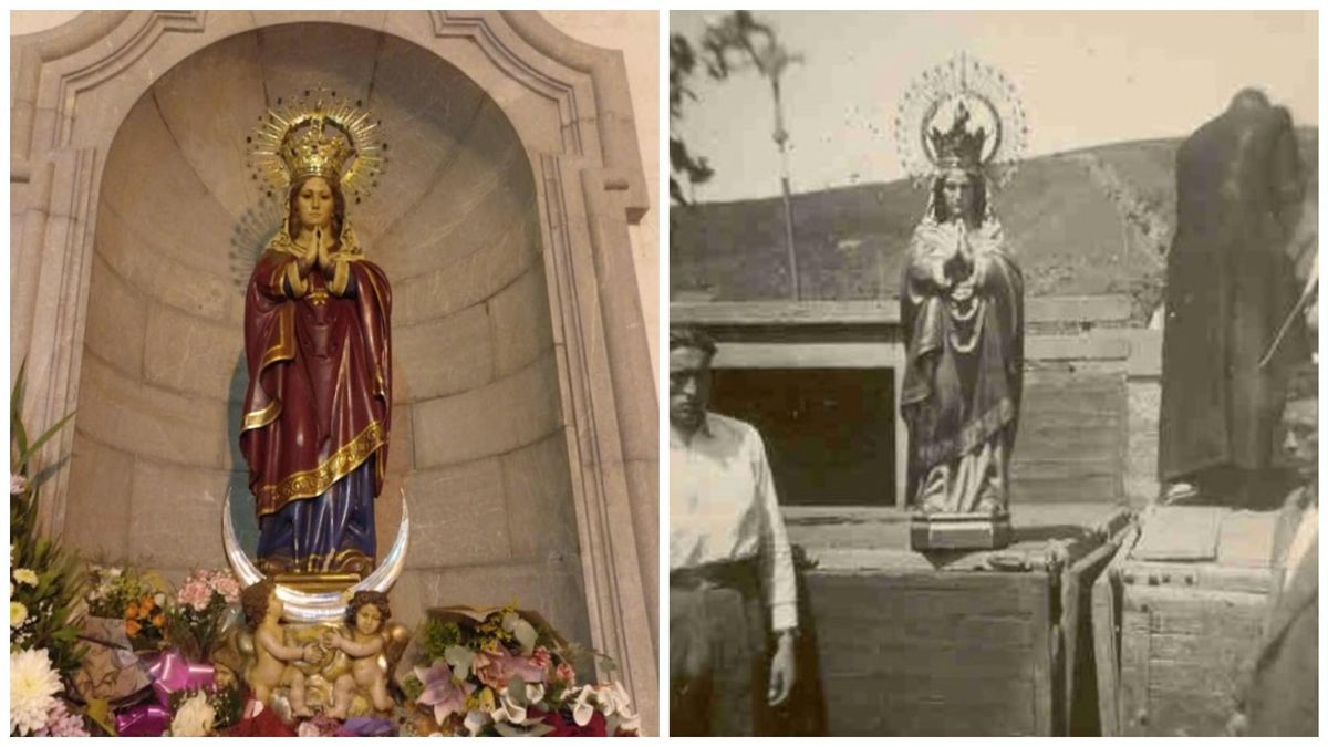 La imagen actual de la Virgen de Carrasconte, una réplica, y la original, quemada en la Guerra Civil.