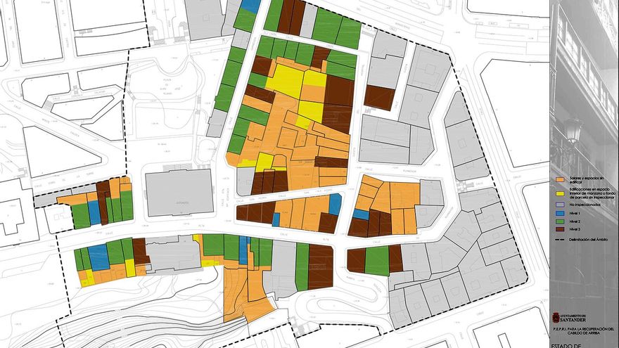 Estado de conservación de las edificaciones según el estudio para el Pepri. En naranja, solares vacíos. En amarillo, patios interiores.