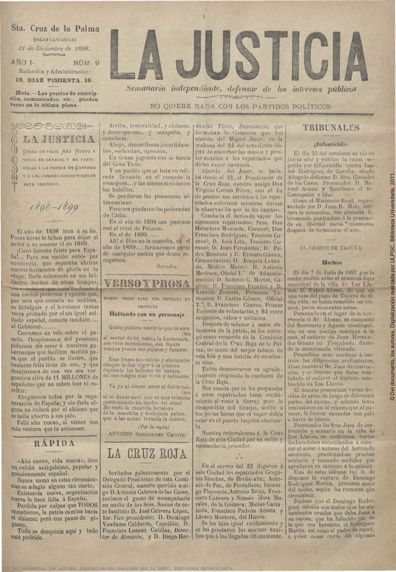 Portada del periódico 'La Justicia'.