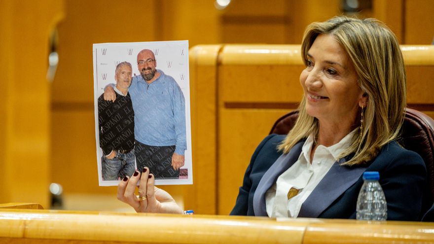 La senadora del PP por Ávila Alicia García muestra una foto de Grande-Marlaska con Koldo García al ministro del Interior durante un pleno.