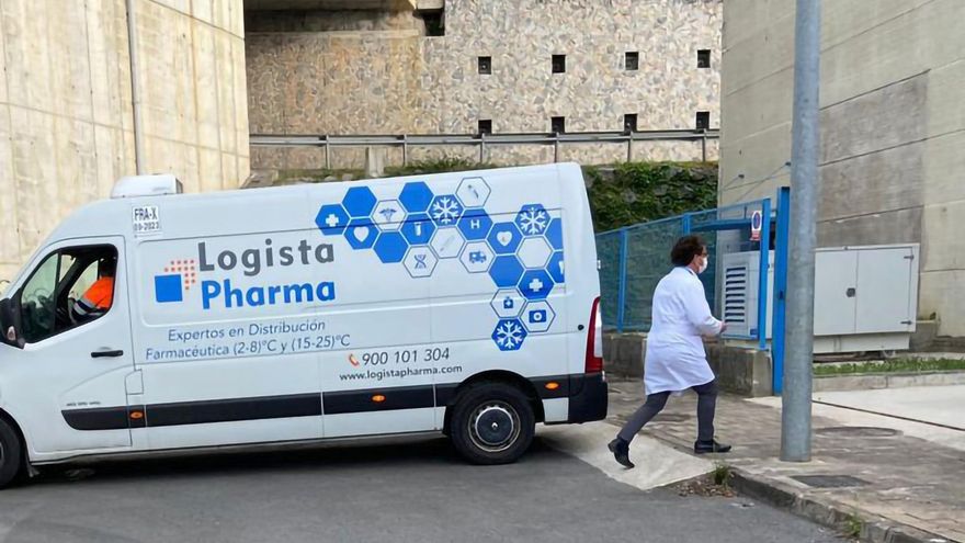 Una furgoneta de distribución farmacéutica a las puertas del centro de almacenaje de Hernani donde han sido depositadas las dosis de la vacuna AstraZeneca. Las comunidades autónomas dispondrán a lo largo de la mañana de este viernes de nuevas dosis de AstraZeneca para seguir vacunando a la población en lo que resta de Semana Santa. EFE/Pool Moncloa  *****SOLO USO EDITORIAL/SOLO DISPONIBLE PARA ILUSTRAR LA NOTICIA QUE ACOMPAÑA (CRÉDITO OBLIGATORIO) *****