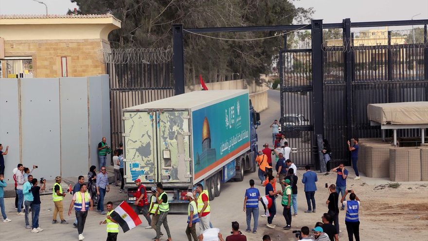A truck loaded with humanitarian aid enters Gaza from the Egyptian side of the Rafah border crossing on Oct. 22, 2023
