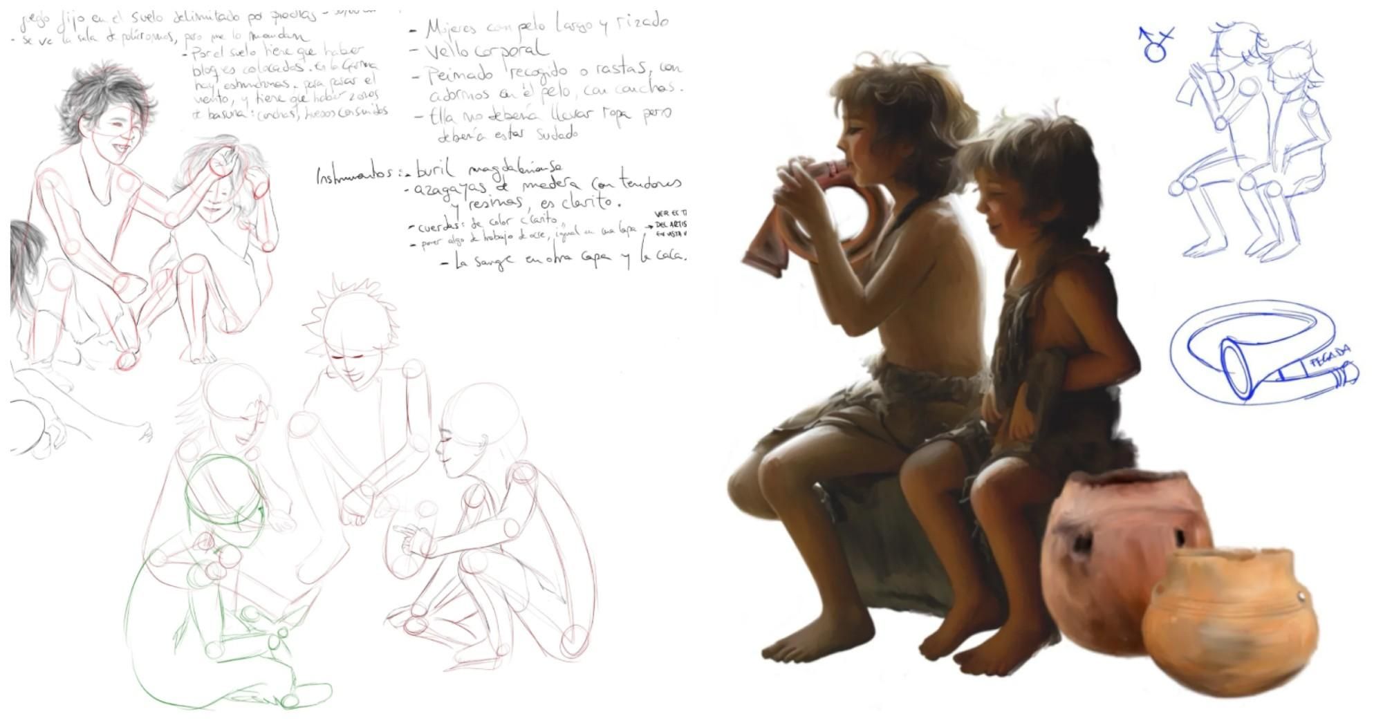 El proceso del flujo de trabajo con dos bocetos de Esperanza Martín, el de la derecha no llegó a la exposición de los cascos de Aratis 'Alas de Guerra'.