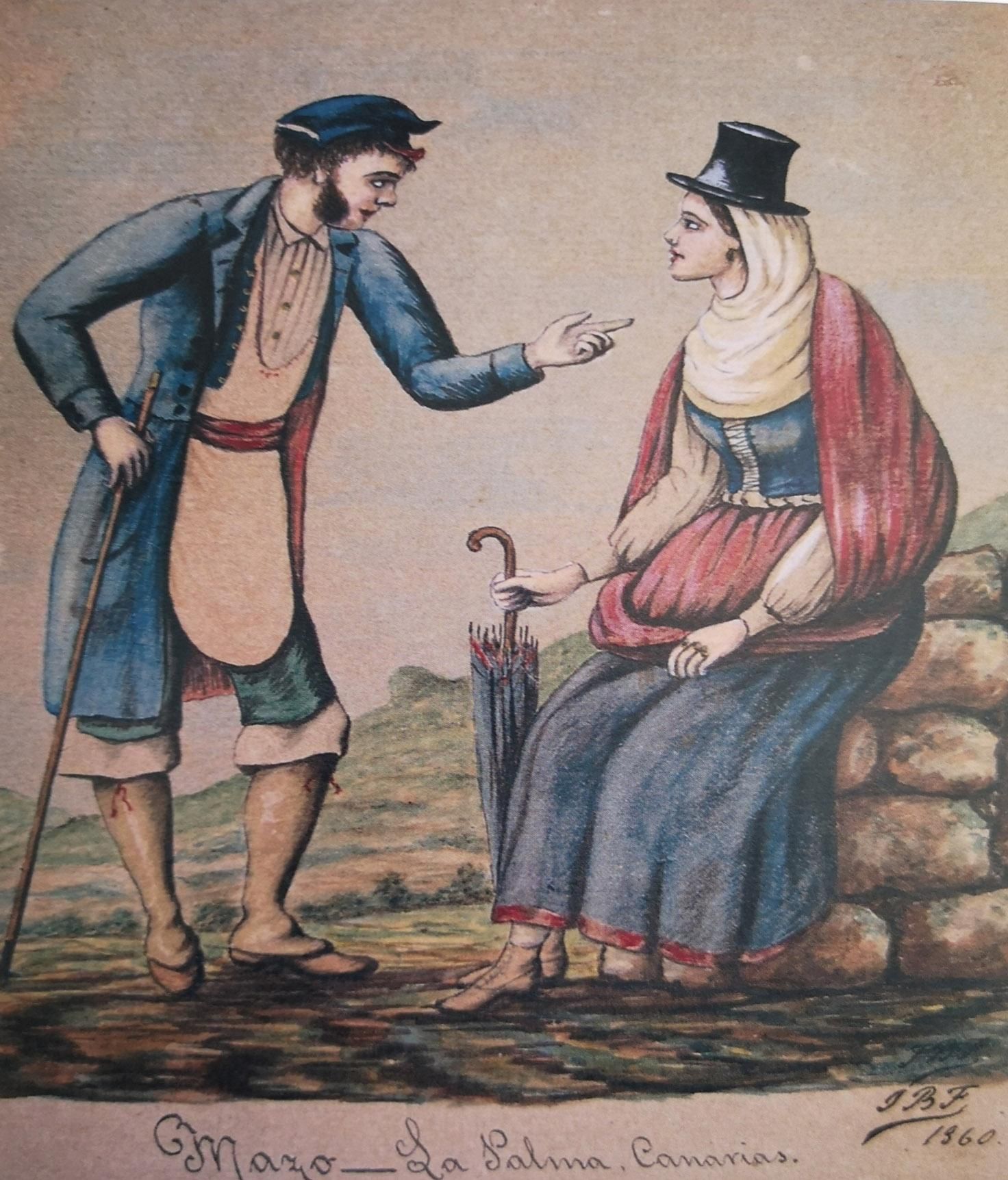 Campesinos en traje de domingo. La mujer va de "manto y saya".