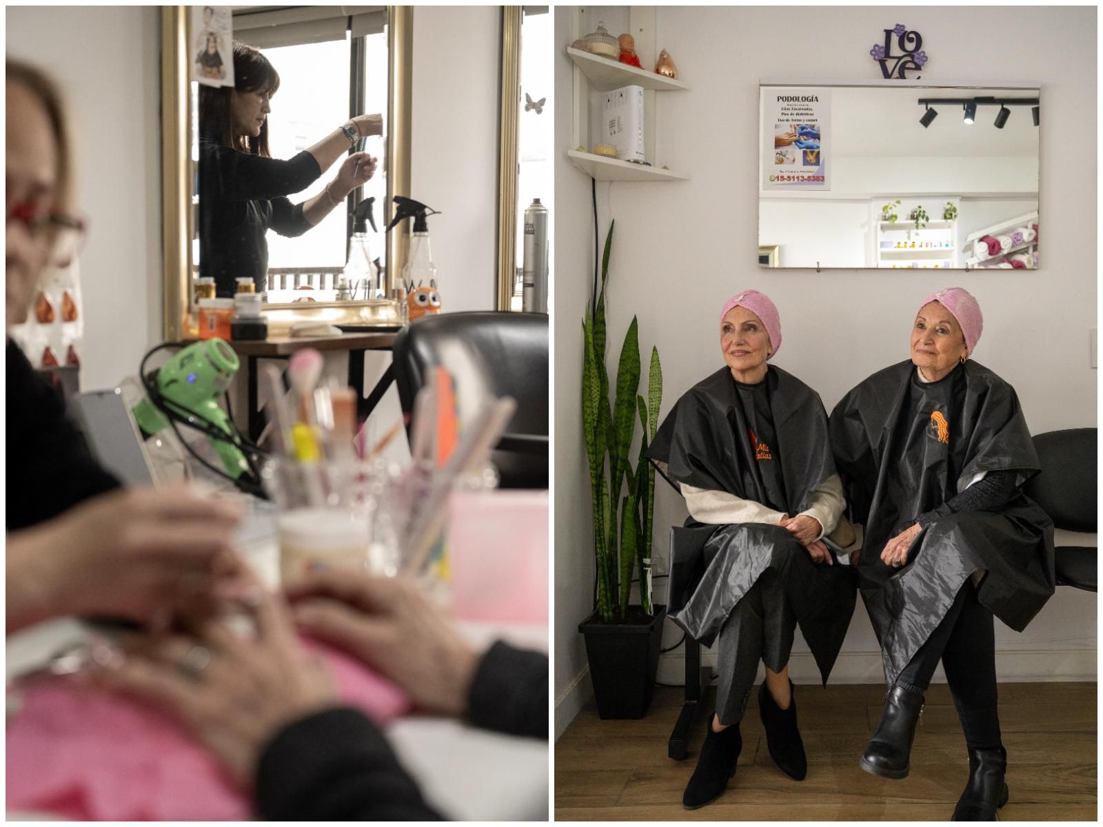 María (79) y Emilia (82) se encuentran en la peluquería de Katia. Un lugar de intimidad y coincidencias. Laura hace belleza de manos