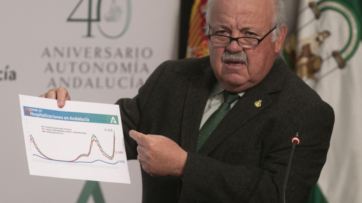 El consejero de Salud y Familias, Jesús Aguirre, durante la rueda de prensa posterior a la reunión del Consejo de Gobierno de la Junta de Andalucía. En el Palacio de San Telmo, Sevilla (Andalucía, España), a 26 de enero de 2021.