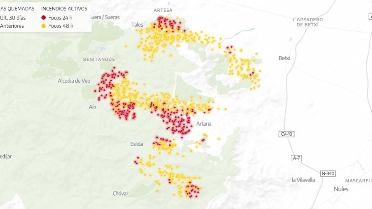 MAPA | Así evoluciona el incendio de La Vall d'Uixó en las horas decisivas tras varias reproducciones del fuego