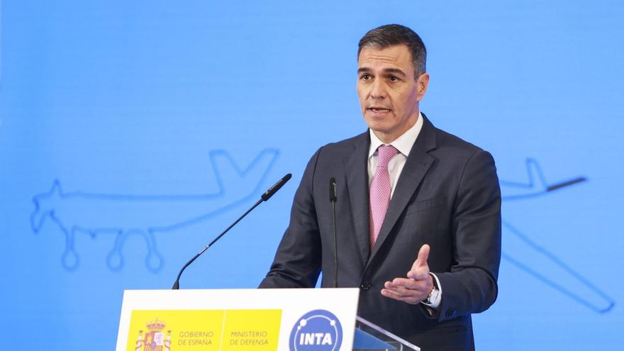 El presidente del Gobierno, Pedro Sánchez, durante el acto de inauguración del Centro de Ensayos de Sistemas Aéreos no Tripulados en Moguer, a 1 de Octubre de 2024 en Huelva (Andalucía, España)