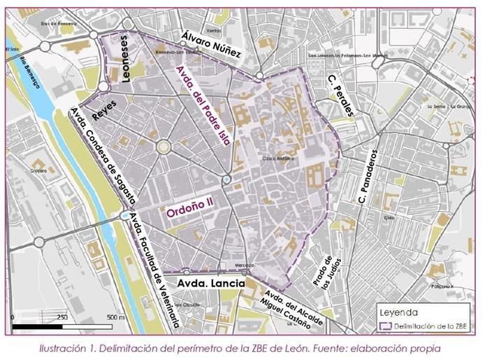 Límites de la Zona de Bajas Emisiones de León.