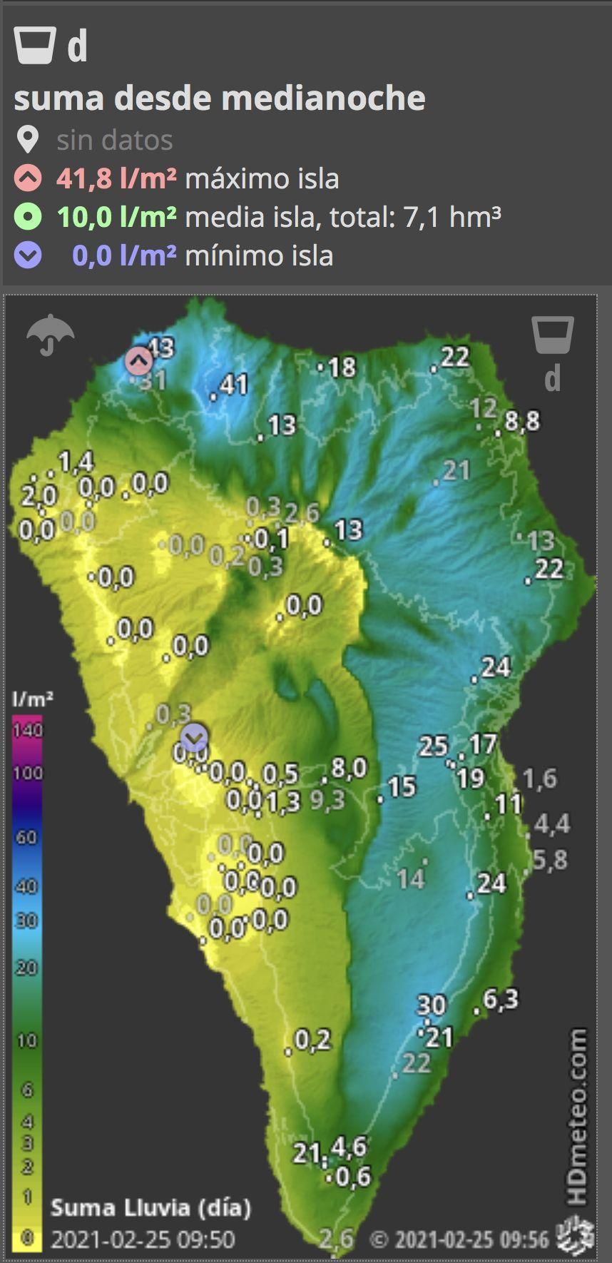 Mapa de HD Meteo La Palma de la lluvia caída, hasta las 09.50 horas de este jueves, 25 de febrero,, en diversos puntos de  La Palma.