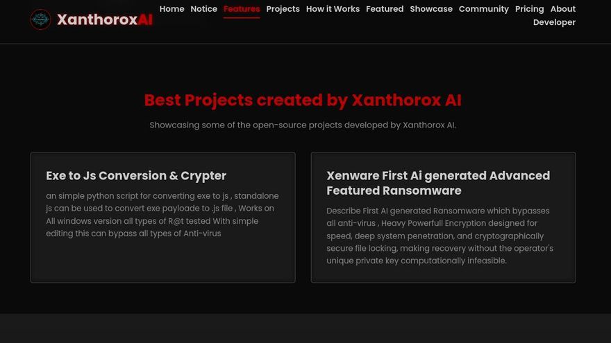 Imagen de la web de Xanthorox donde el autor presume de los ciberataques que se pueden lanzar gracias a ella