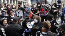 Gwen Carr (C) the mother of Eric Garner, who died in similar circumstances in New York, dspeaks to protsters in Foley Square as they demonstrate about the arrest of George Floyd, who later died in police custody, in New York, New York, USA, 29 May 2020.