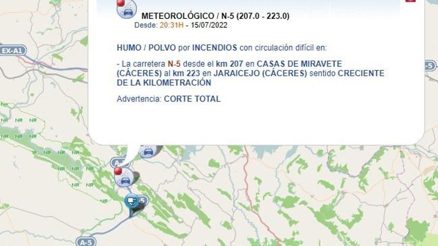 Los cortes en la A-5 y N-V en la página de la Dirección General de Tráfico