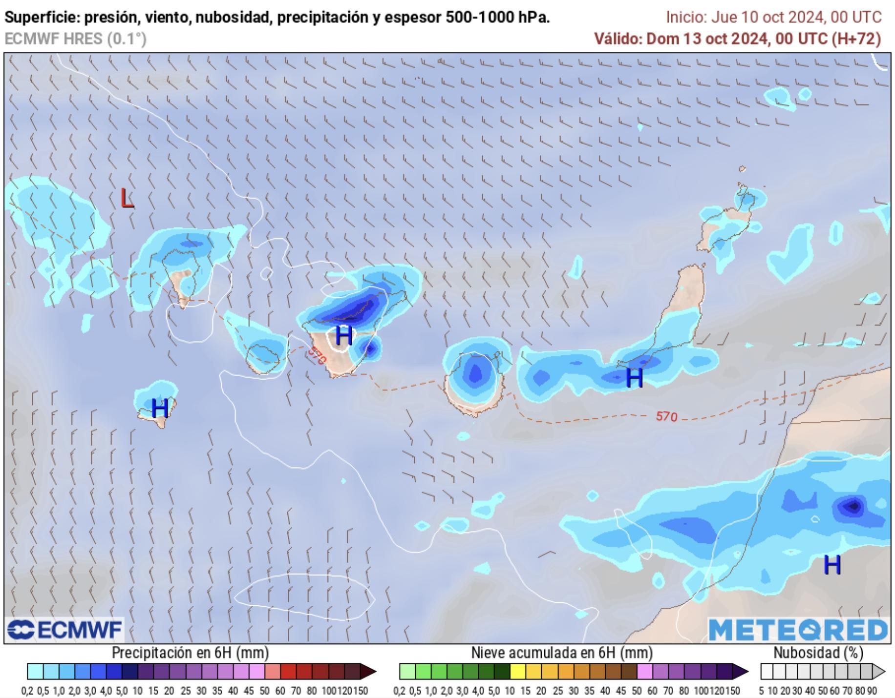 Lluvias previstas el domingo en Canarias, según el modelo europeo.