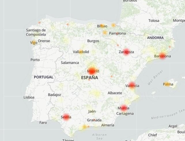 Mapa de los avisos de caídas del servicio en móviles de Movistar recogidos por la web Downdetector