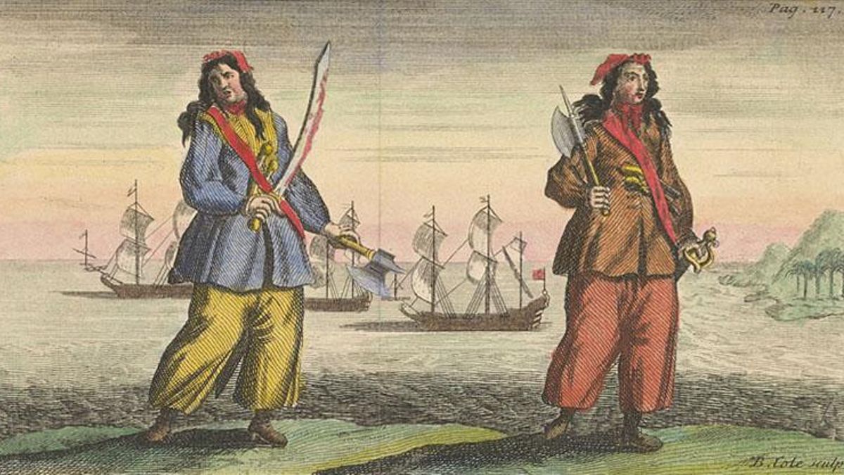 Anne Bonny y Mary Read fueron condenadas por piratería el 28 de noviembre de 1720 en un tribunal del Vicealmirantazgo celebrado en St. Jago de la Vega, en la isla de Jamaica. Grabado en cobre