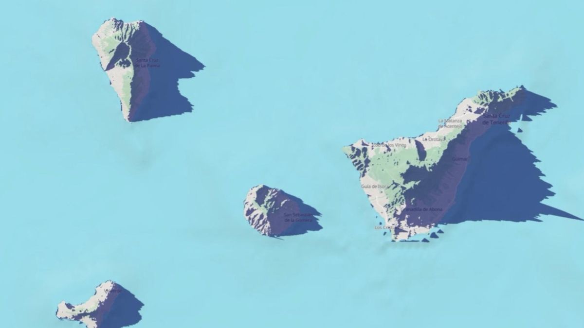 Figura 3. La figura muestra la situación a las 20:30 en la provincia de S/C de Tenerife. El momento más crítico será el final del eclipse (20:45), dado que coincide prácticamente con la puesta de Sol. Los lugares desde los que se puede ver la puesta de Sol serán aquellos con vista despejada al ONO. ShadeMap