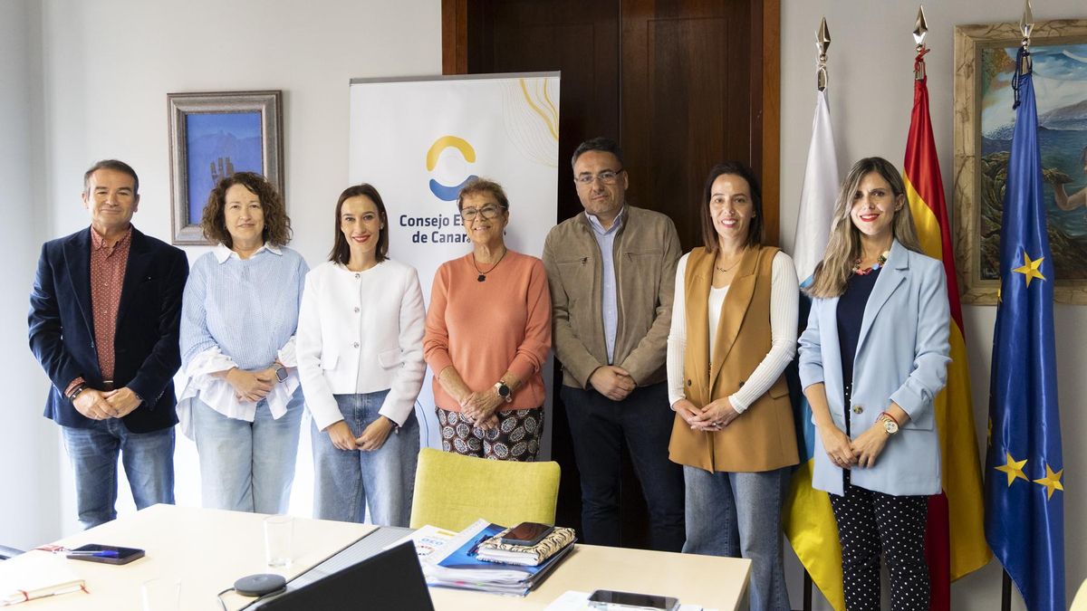 Nira Fierro (tercera por la izquierda), tras la reunión con el Consejo Escolar de Canarias este lunes.