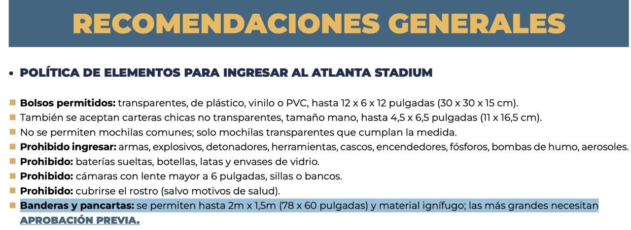 Recomendaciones generales del Mercedes-Benz Stadium donde sólo se especifica las dimensiones de banderas y pancartas.