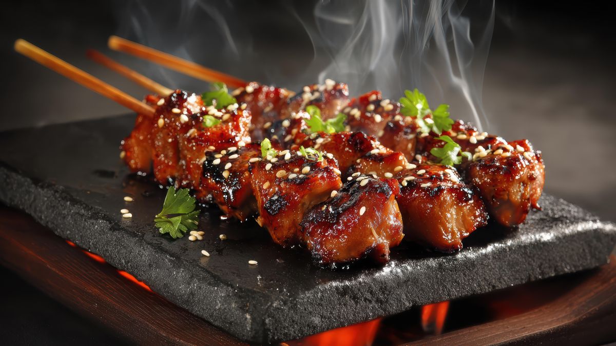 Brochetas yakitori con semillas se sésamo