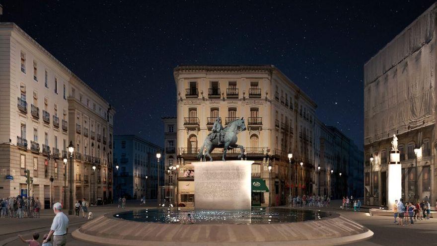 Vista nocturna de Carlos III en su futura ubicación, junto Arenal y Mayor