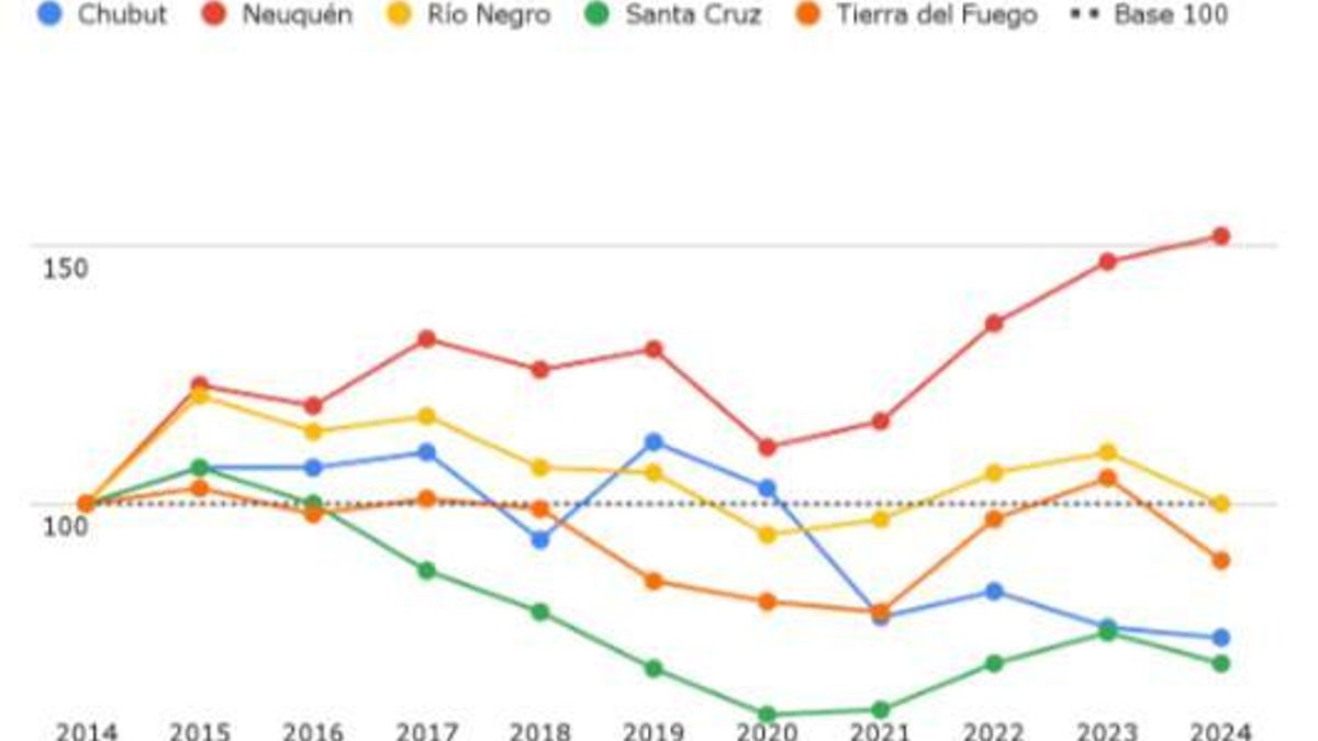 Variación del gasto ejecutado en la función Educación y Cultura a precios constantes, por provincia. Años 2014-2024. Base 100 en el año 2014. Región Patagónica.