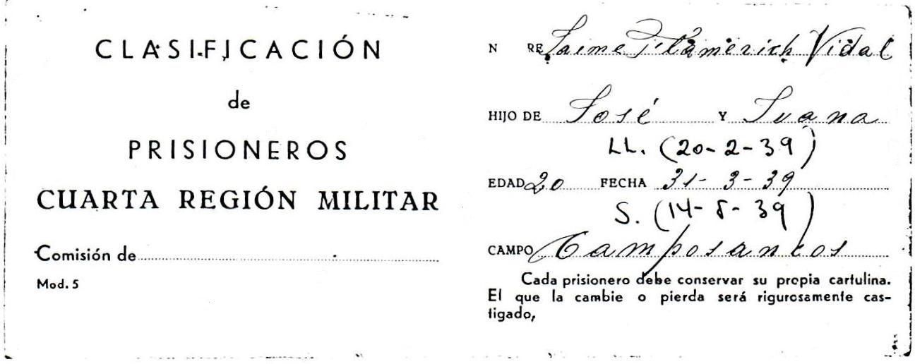 Una clasificación de prisioneros del campo de concentración de Camposancos