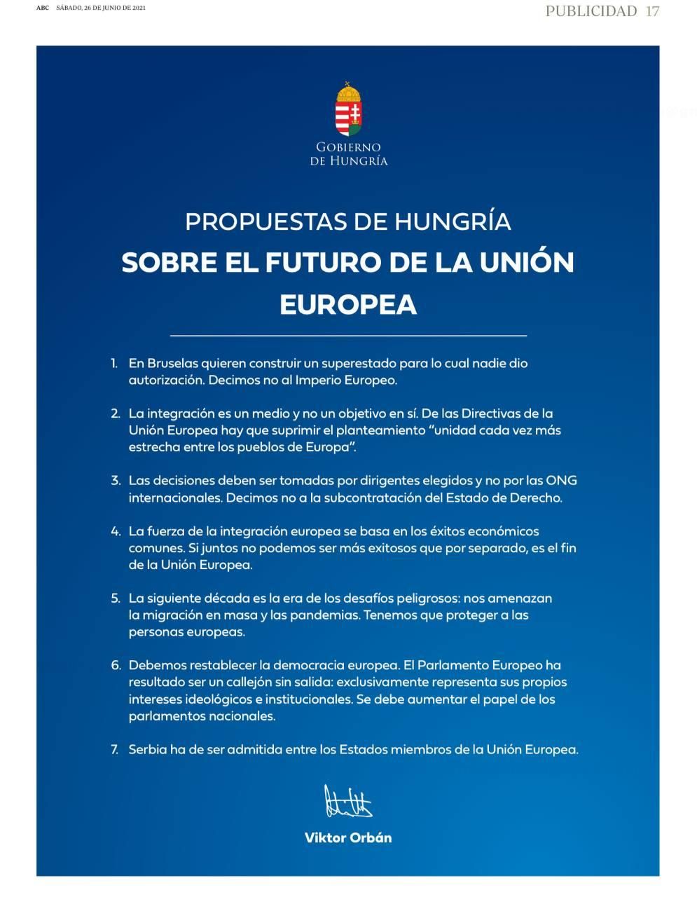 Publicidad de VIktor Orbán publicada este sábado en el diario ABC