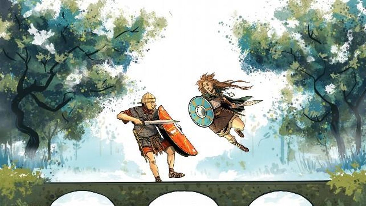 Recreación de un astur atacando a un legionario romano en uno de los carteles de la Fiesta de Astures y Romanos.