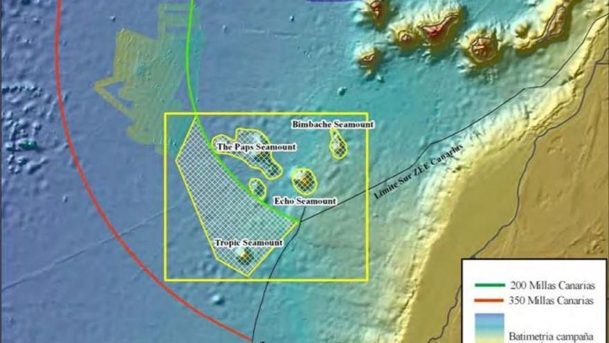 Marcado en amarillo, el archipiélago submarino donde se encuentra el monte Tropic. 