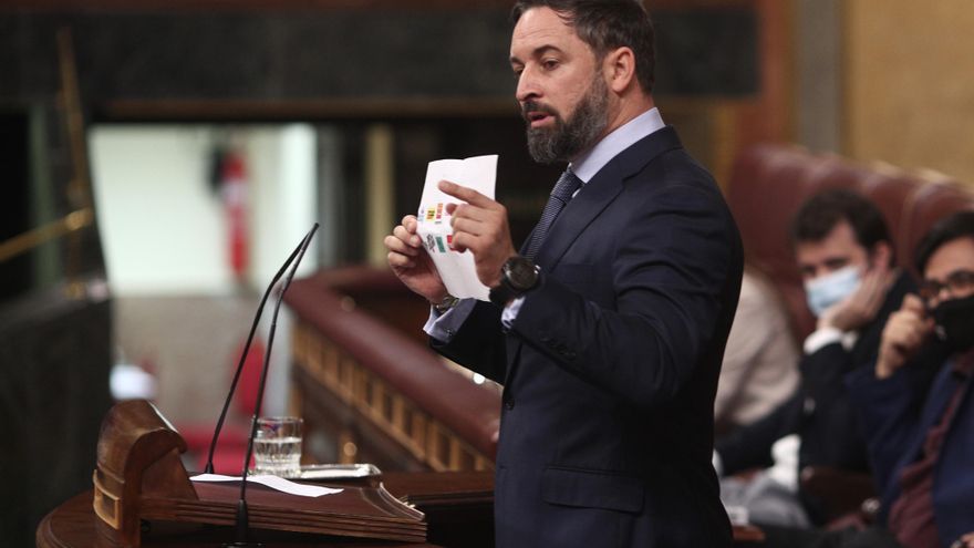 El presidente de Vox, Santiago Abascal, interviene durante la segunda sesión del pleno en el que se debate la moción de censura planteada por Vox, en el Congreso de los Diputados, Madrid (España), a 22 de octubre de 2020. Se trata de la quinta moción de c