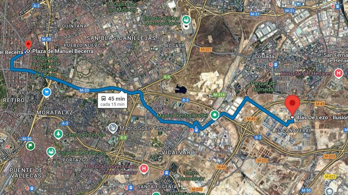 Trayecto del bus E5 y tiempo estimado de llegada desde El Cañaveral