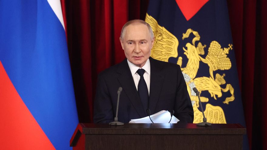 El presidente ruso, Vladimir Putin, habla durante una reunión anual ampliada del Consejo del Ministerio del Interior de Rusia en Moscú, Rusia, el 4 de marzo de 2026. (Rusia, Moscú) EFE/EPA/SERGEY FADEICHEV /SPUTNIK/KREMLIN POOL MANDATORY CREDIT