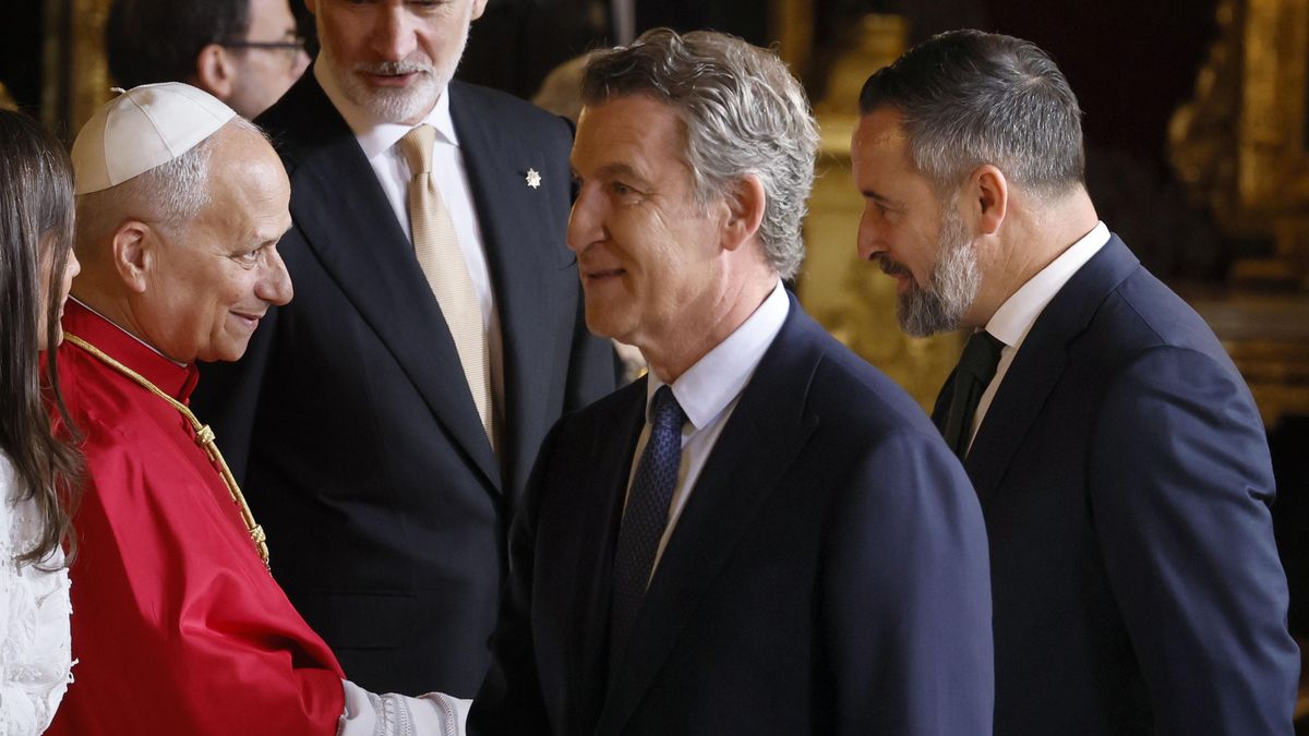 Los líderes del PP y VOX, Alberto Núñez Feijóo, y Santiago Abascal, respectivamente, saludan al papa León XIV.