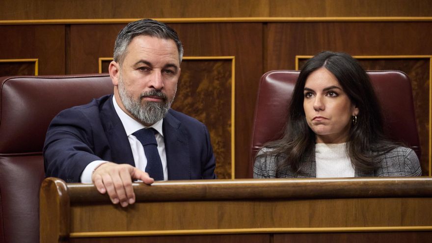 El presidente de VOX, Santiago Abascal y la portavoz de VOX en el Congreso, Pepa Millán.